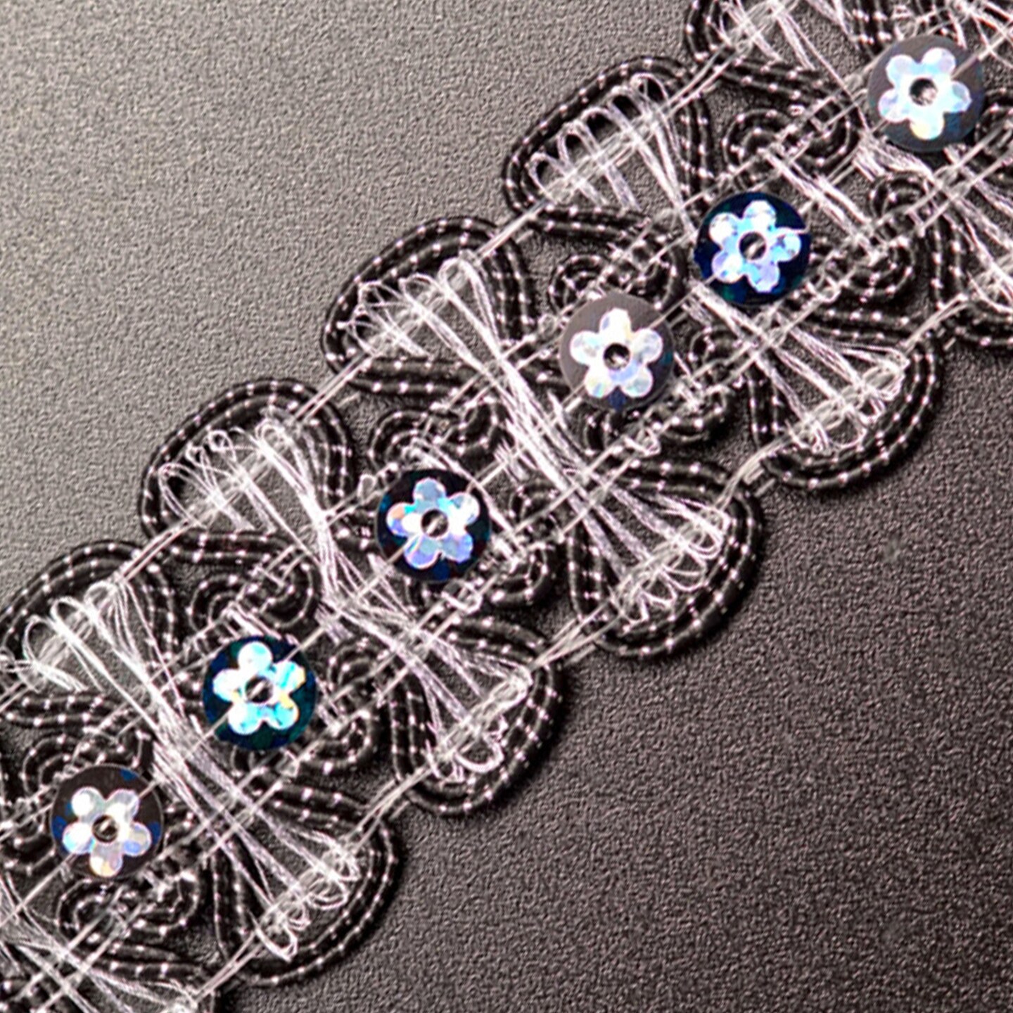 1 1/4" x 10 Yards Black/Silver Braided Floral Sequin Trim Pack of 5