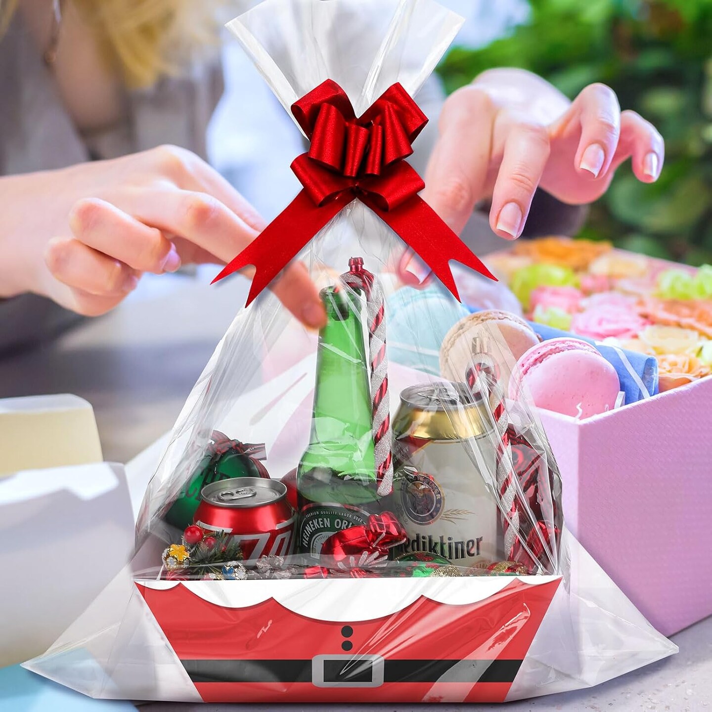 36 Pcs 12 Pack Christmas Baskets for Gifts Empty Santa Belt Cardboard Baskets Bags Kit Red Pull Bows Wine Basket for Xmas (Modern,12 x 10 Inch)