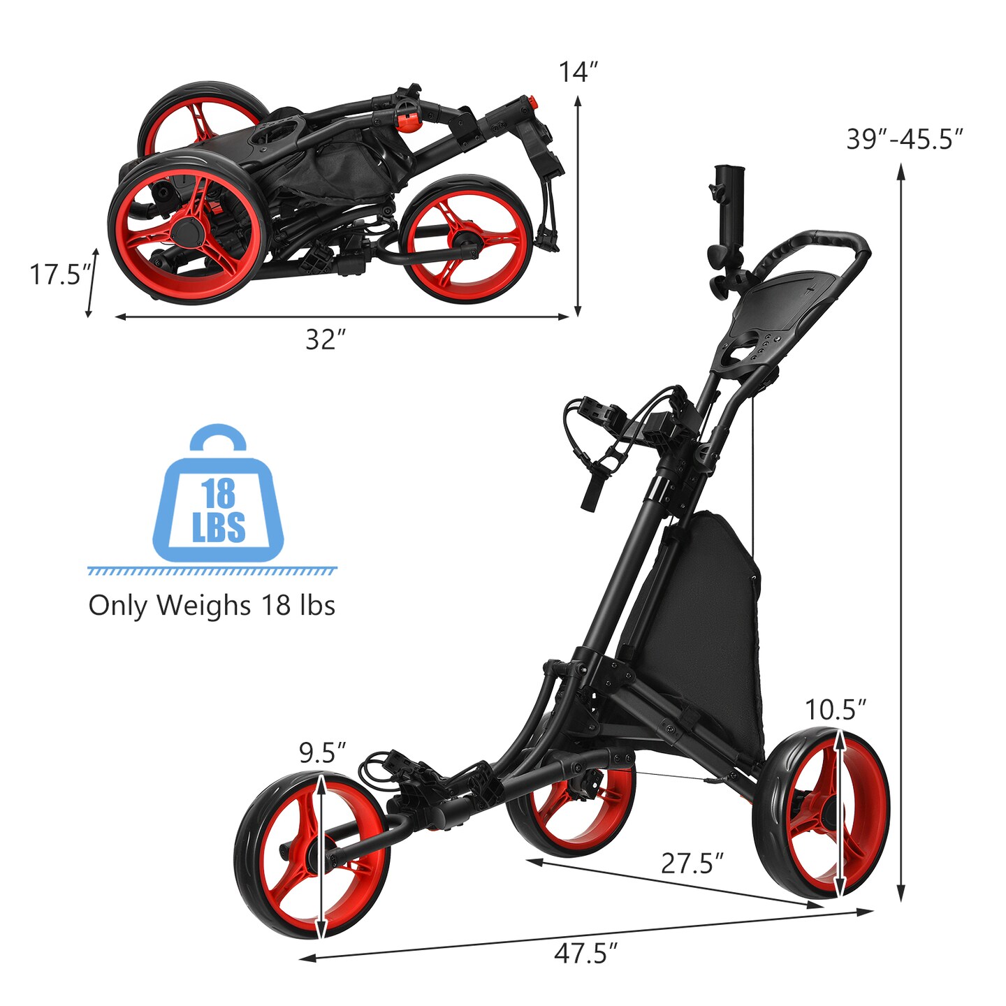 Folding 3 Wheels Golf Push Cart with Bag Scoreboard Adjustable Handle