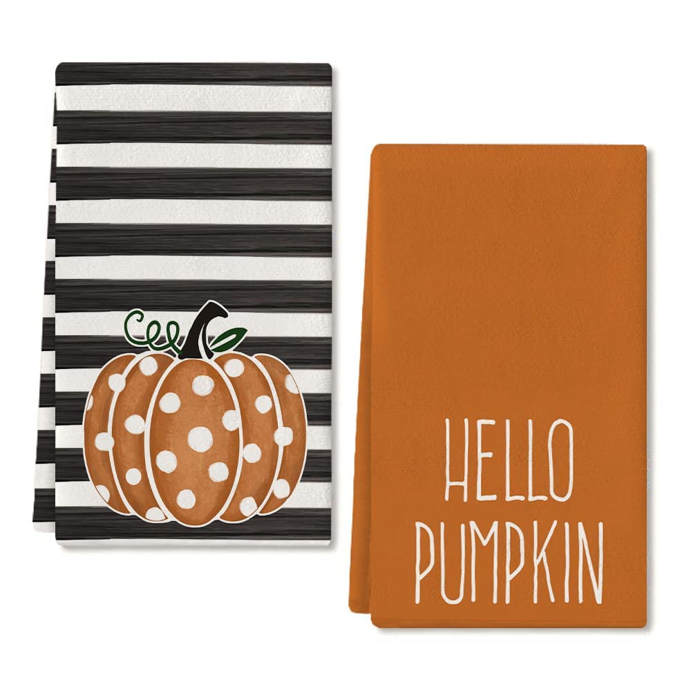 ARKENY Hello Pumpkin Fall Kitchen Towels Set of 2,Orange Polka dot Stripes Autumn Dish Towels 18x26 Inch,Farmhouse Home Indoor Thanksgiving Harvest Seasonal Vintage Decorations AD006