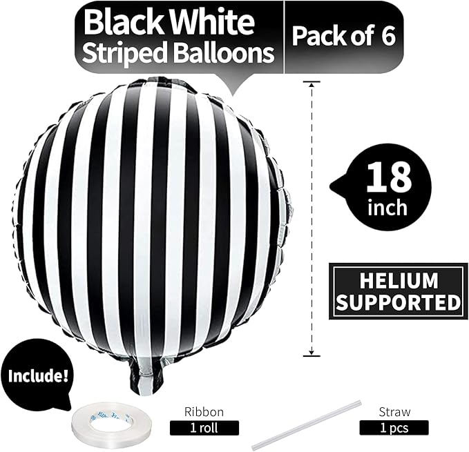 Black and White Striped Balloons 18 Inch Striped Mylar Foil Balloons Round Halloween Aluminum Helium Balloon for Nightmare Before Christmas Halloween Birthday Baby Shower Party Decorations