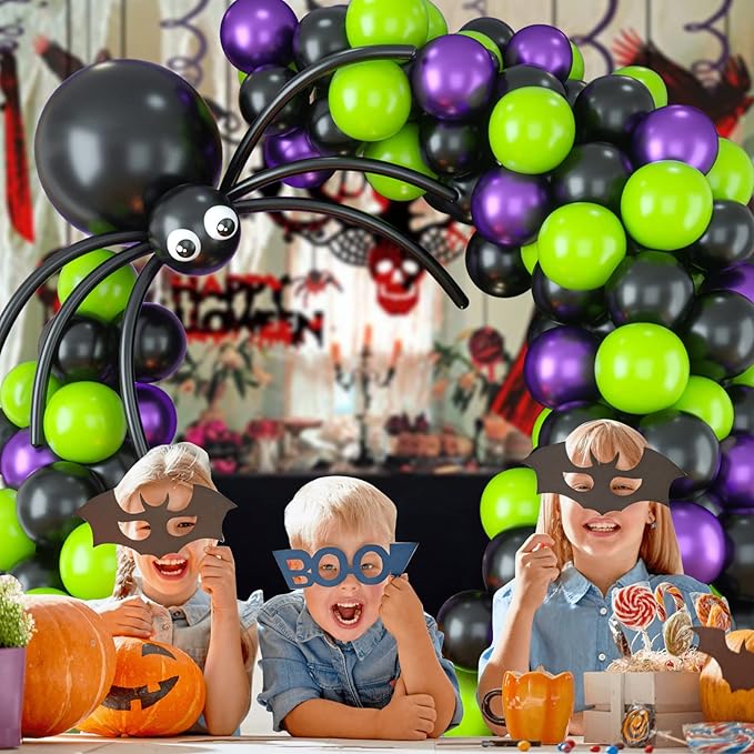 Halloween Balloon Arch Garland Kit with Big Spider DIY Balloons, Matte Black Lime Green Purple Metallic Latex Balloons Garland with Eye Balloons for Halloween Party Home Garden Outdoor Decorations
