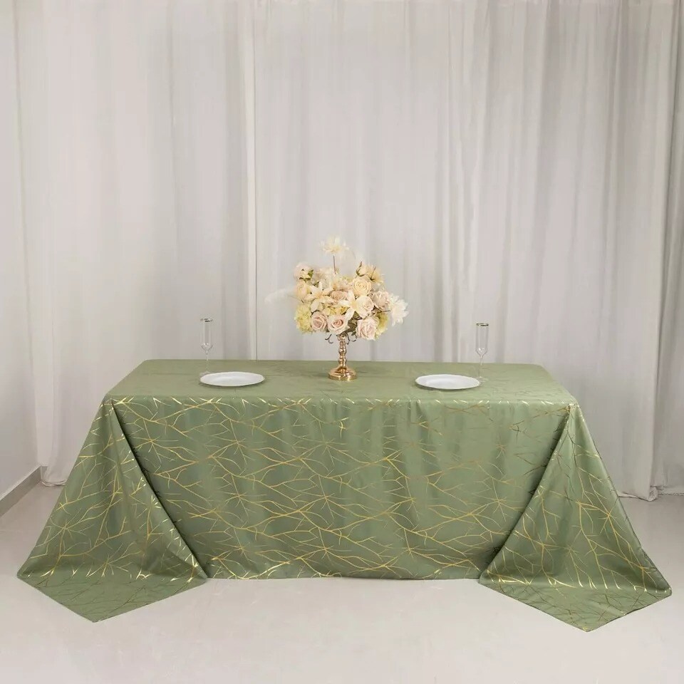 90&#x22;x132&#x22; Dusty Green Polyester Rectangle Tablecloth with Geometric Pattern Party