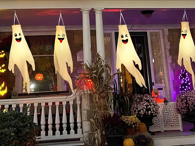 Cute Hanging Ghosts with Timer and LED Lights, Waterproof Outdoor Decor for Trees, Porch, and Yard (Batteries Not Included)