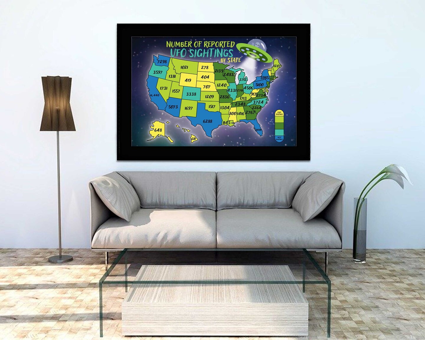 UFO Sightings Map Alien Art Print Flying Saucer UFO Wall Art Paranormal Extraterrestrial UFO Decor Ufologist Great Gift United States Map product 6