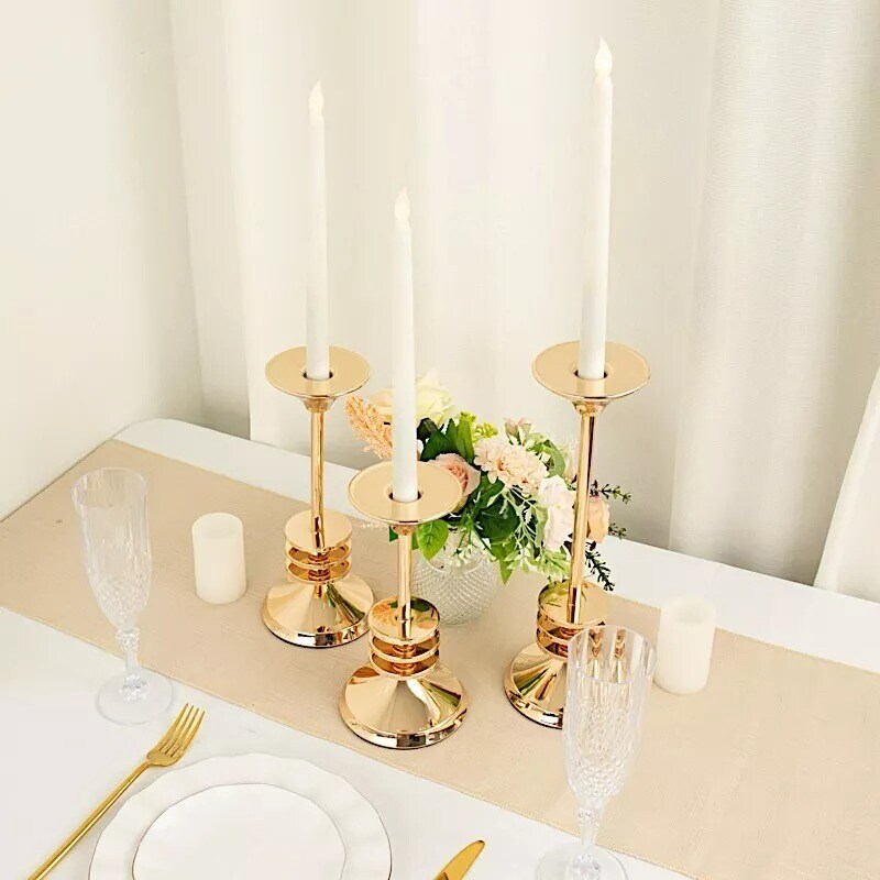 3 Gold Taper Candle Holders 3-Disk Design Pedestal Candlestick Stands Events