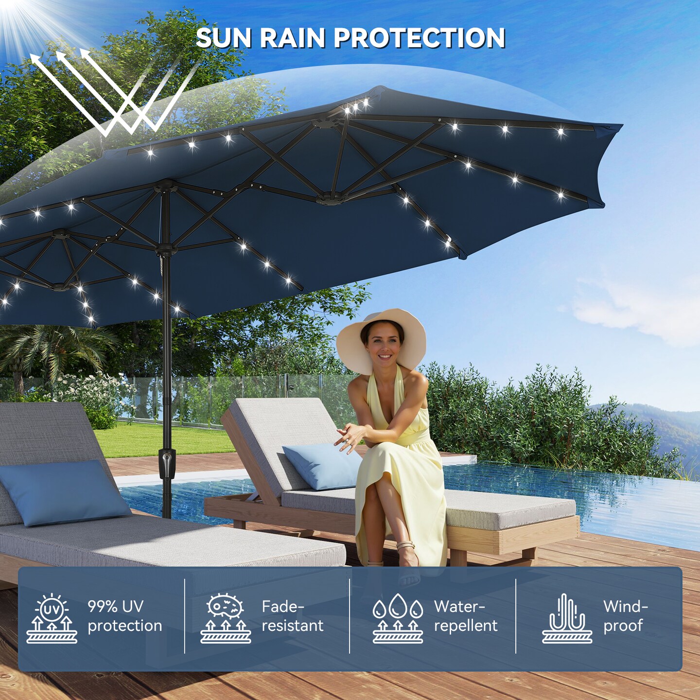 13ft Large Rectangular Outdoor Patio Umbrella with Solar Light, Reversible Outdoor Shade with Crank and Tilt for Garden, Patio, Deck and Pool (Navy Blue)