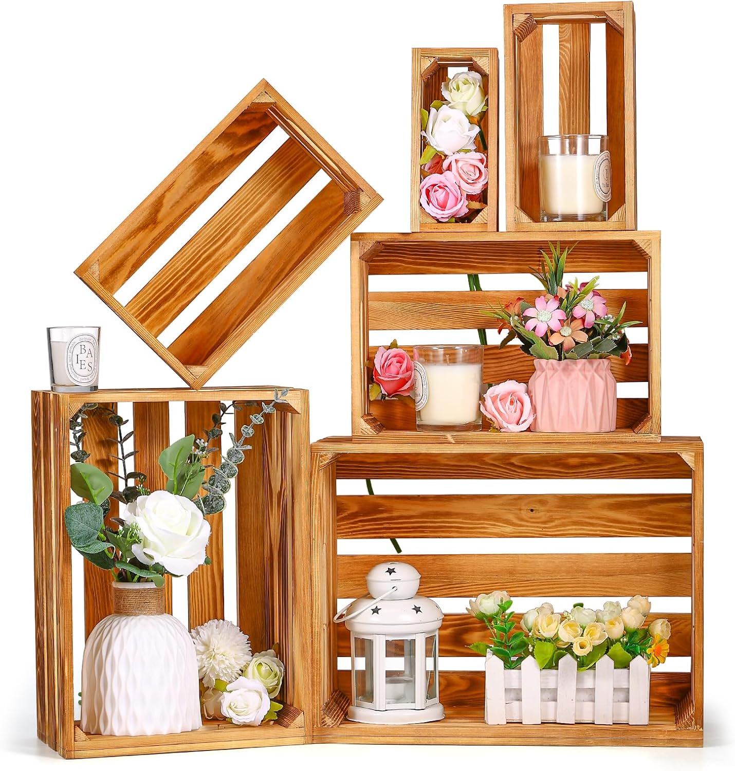 Set of 6 Decorative Wood Crates Nesting Storage Container, 6 Size Farmhouse Decorative Wooden Storage Boxes, Rustic Wooden Crates for Storage, Display, Decorations