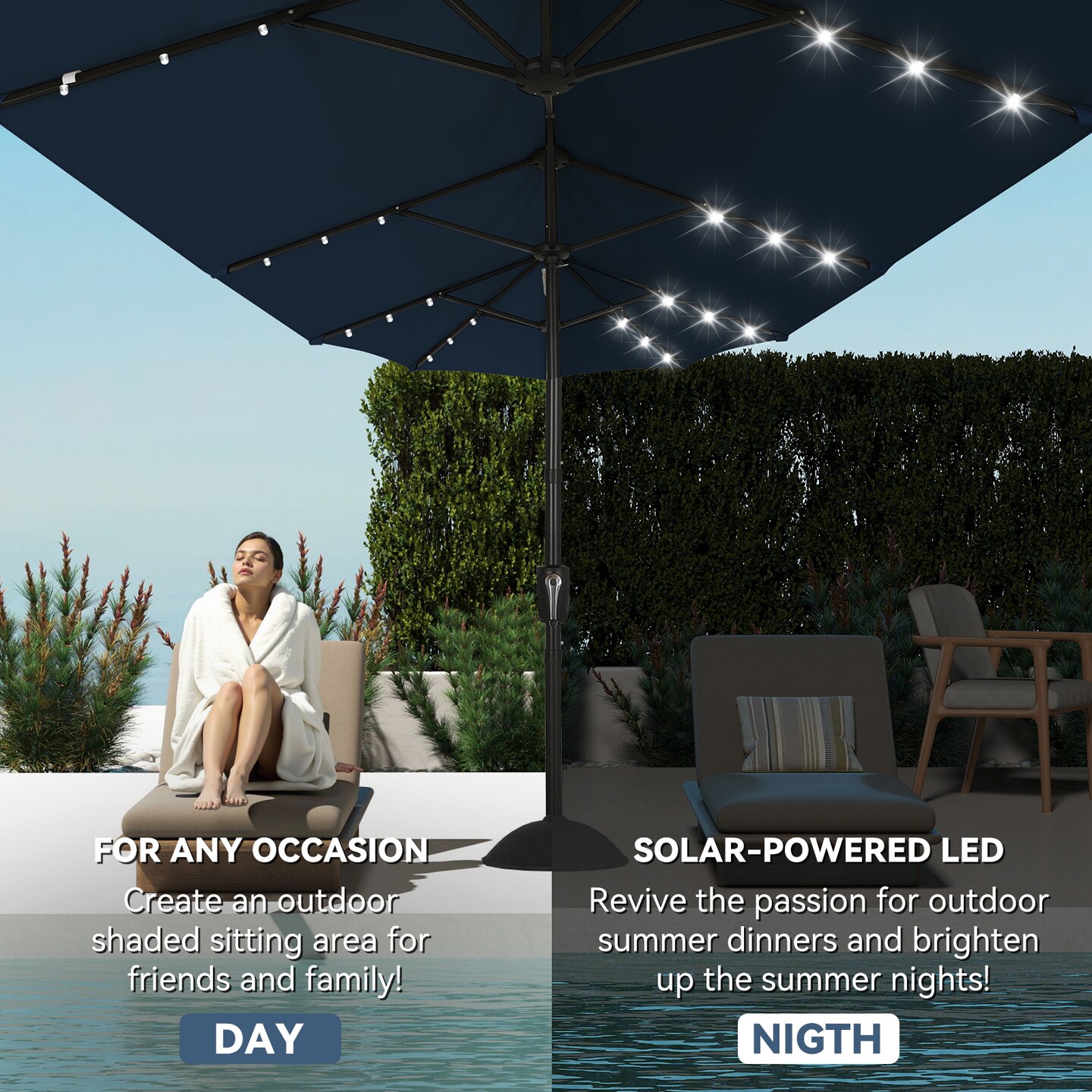 13ft Large Rectangular Outdoor Patio Umbrella with Solar Light, Reversible Outdoor Shade with Crank and Tilt for Garden, Patio, Deck and Pool (Navy Blue)