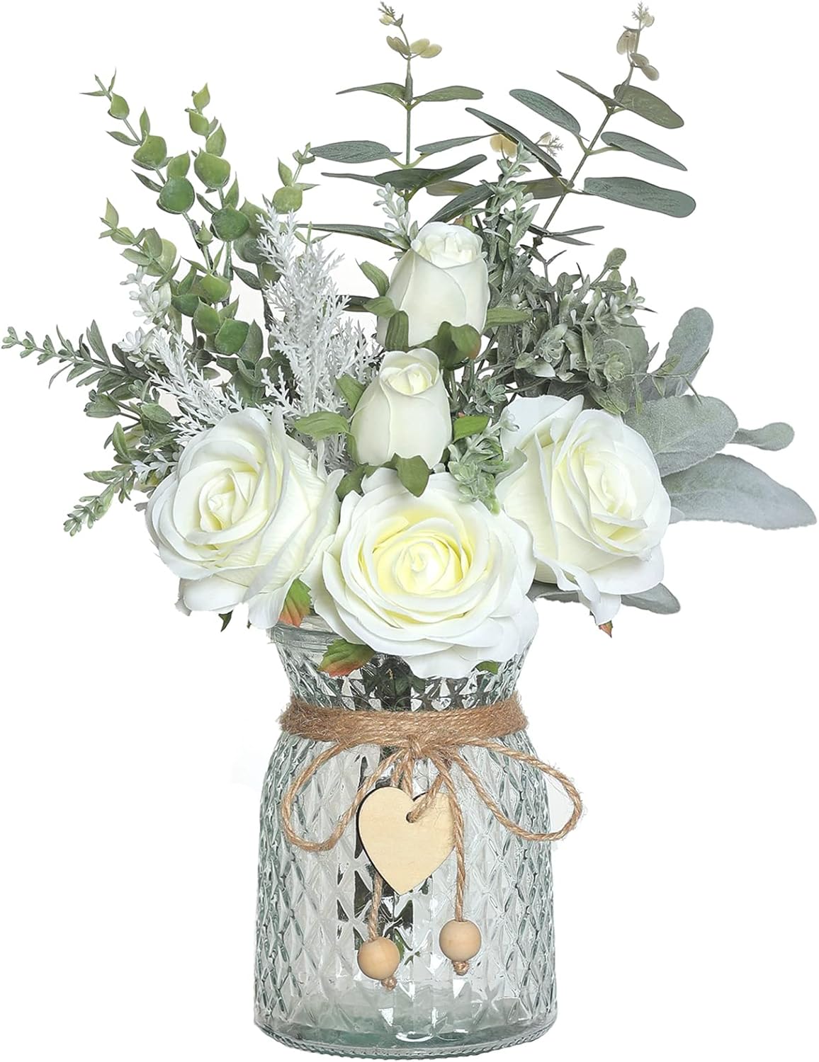 Faux Flowers with Vase,Artificial Silk Roses in Vase, Fake Plant Eucalyptus Flower Arrangement