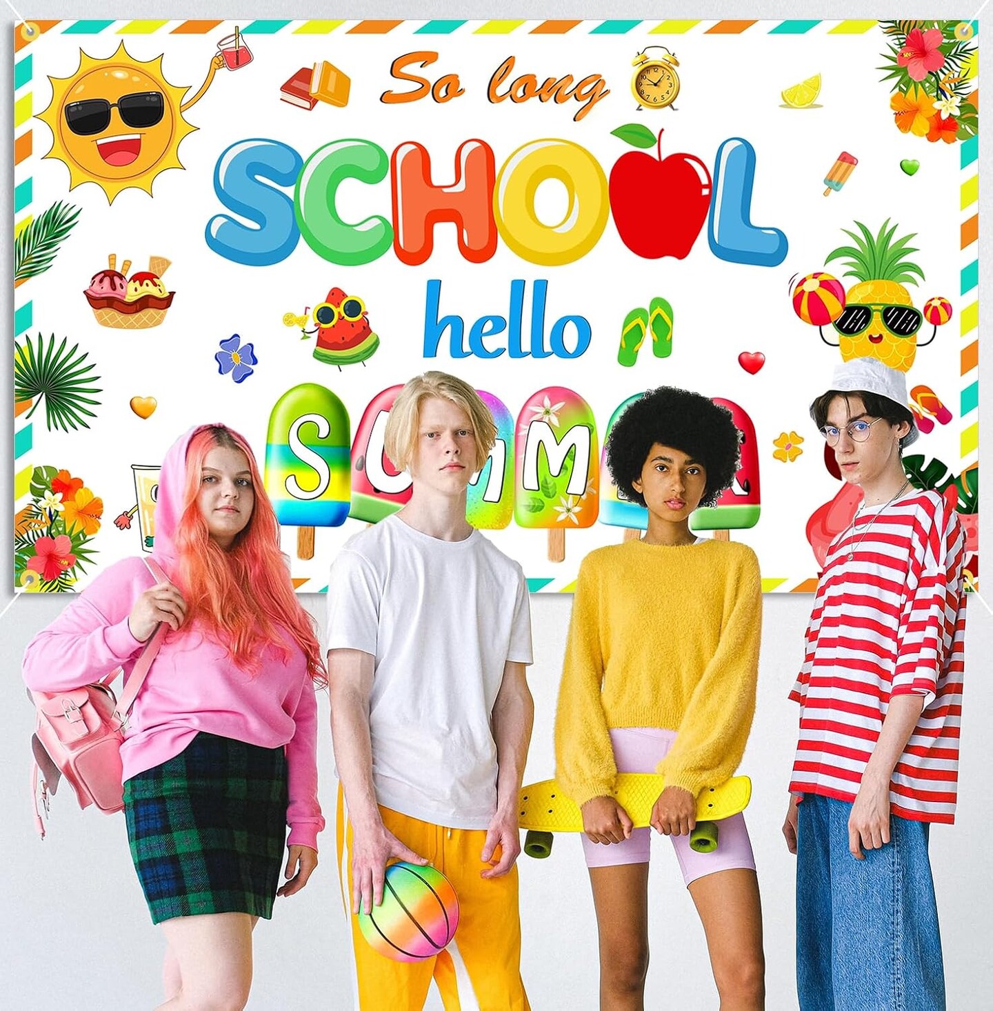 So Long School Hello Summer Backdrop Banner Colorful Sun Popsicle Party Decorations for Summer Vacation End of School Year Graduation Photography Background for Hawaii Pool Party Supplies