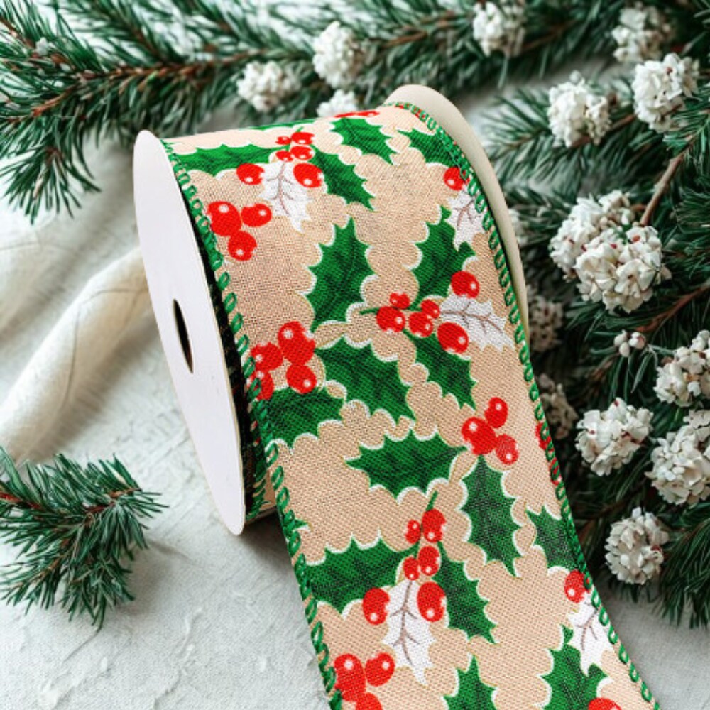 Designer&#x27;s Shop Holiday Holly Berries wired edge ribbons WR 63-5102, 2.5&#x22; x 10 yards