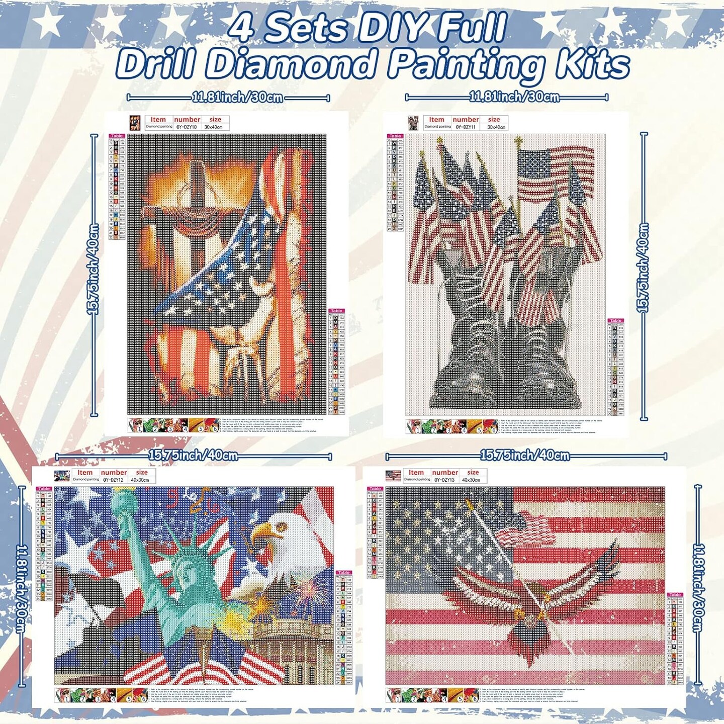 Independence Day Diamond Painting Kits for Boys 4 Pack 5D Military Diamond Art Patriotic Drill DIY American Flag Diamond Painting for Adults Home Wall Holiday Craft Decor, 12 x 16 Inches