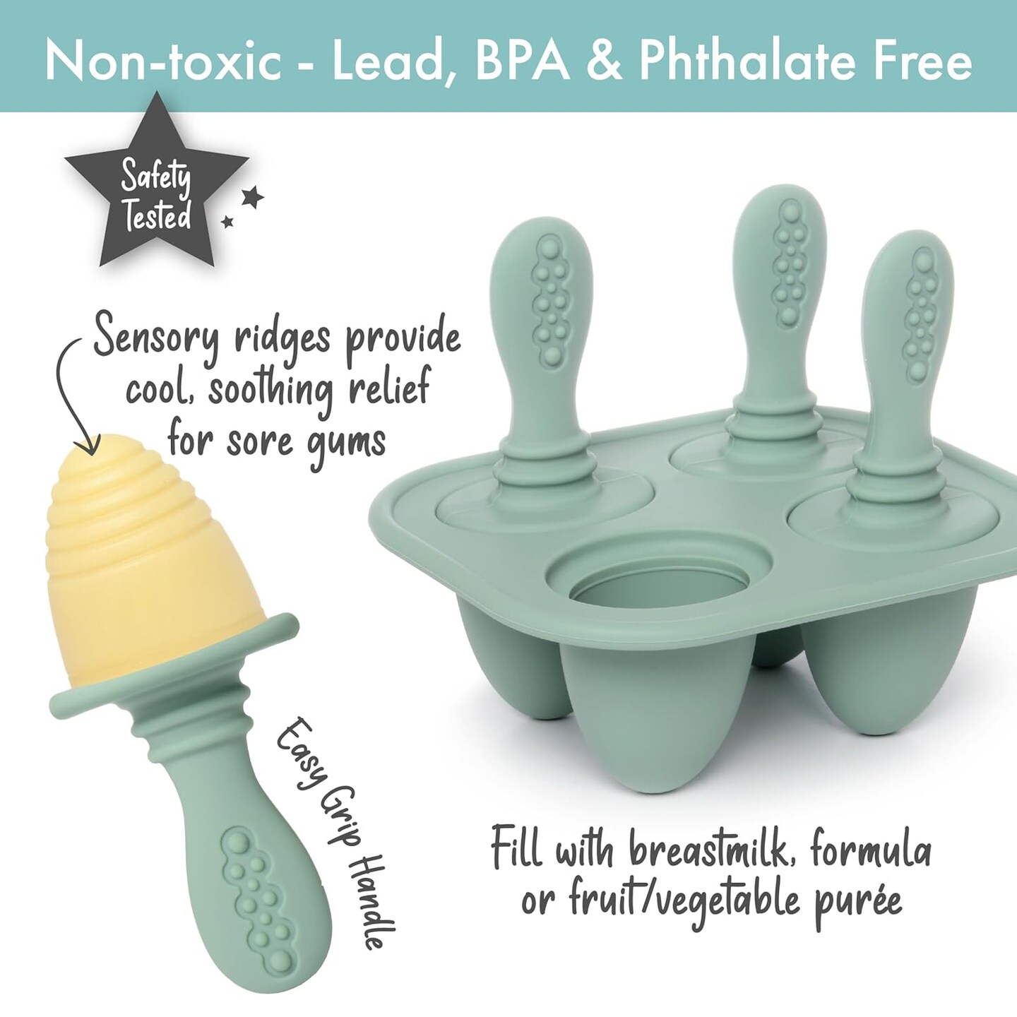 Silicone Petite Pops - Baby Popsicle Mold - BPA Free - Dishwasher Safe - 4 months+ (Sage Green Teether Pops)
