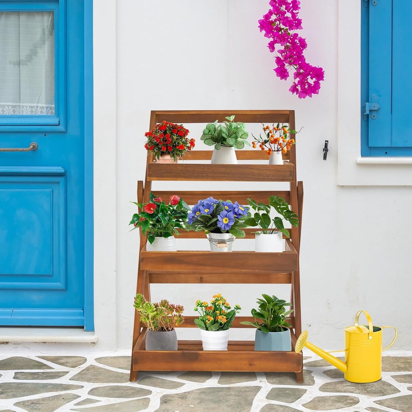 3-Tier Foldable Acacia Wood Plant Stand Display Rack