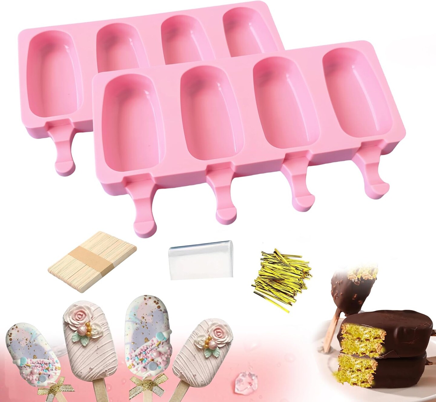 Cakesicle Molds Silicone, Cake Pop Molds Shapes, 2 Pack Silicone Popsicle Molds With 50 Sticks & 50 Bags for DIY Ice Popsicle