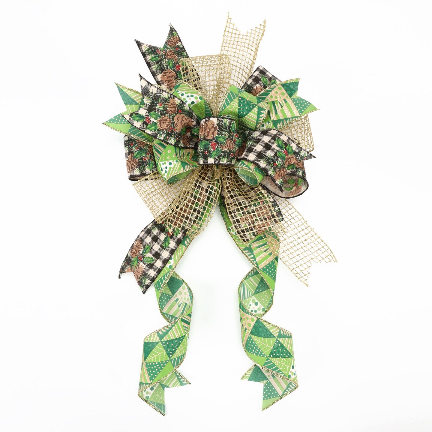 LaRibbons 2-1/2&#x22; Printed Wired Ribbon | White/Black Check w/ Pinecone | 10 Yard Roll