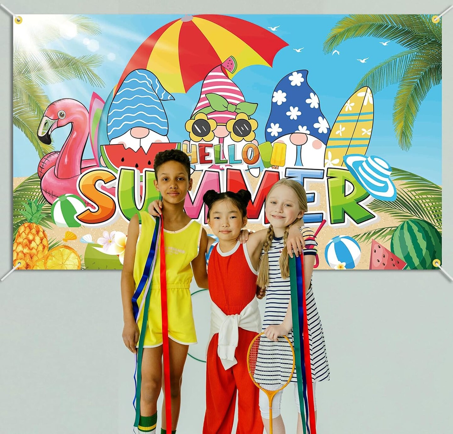 Backdrop Banner for Hello Summer 73 x 43 Inch Large Size Flamingo Palm Tree Background Banner for Summer Vacation Party Decorations for Summer Beach Pool Party Indoor Outdoor Photo Booth Props