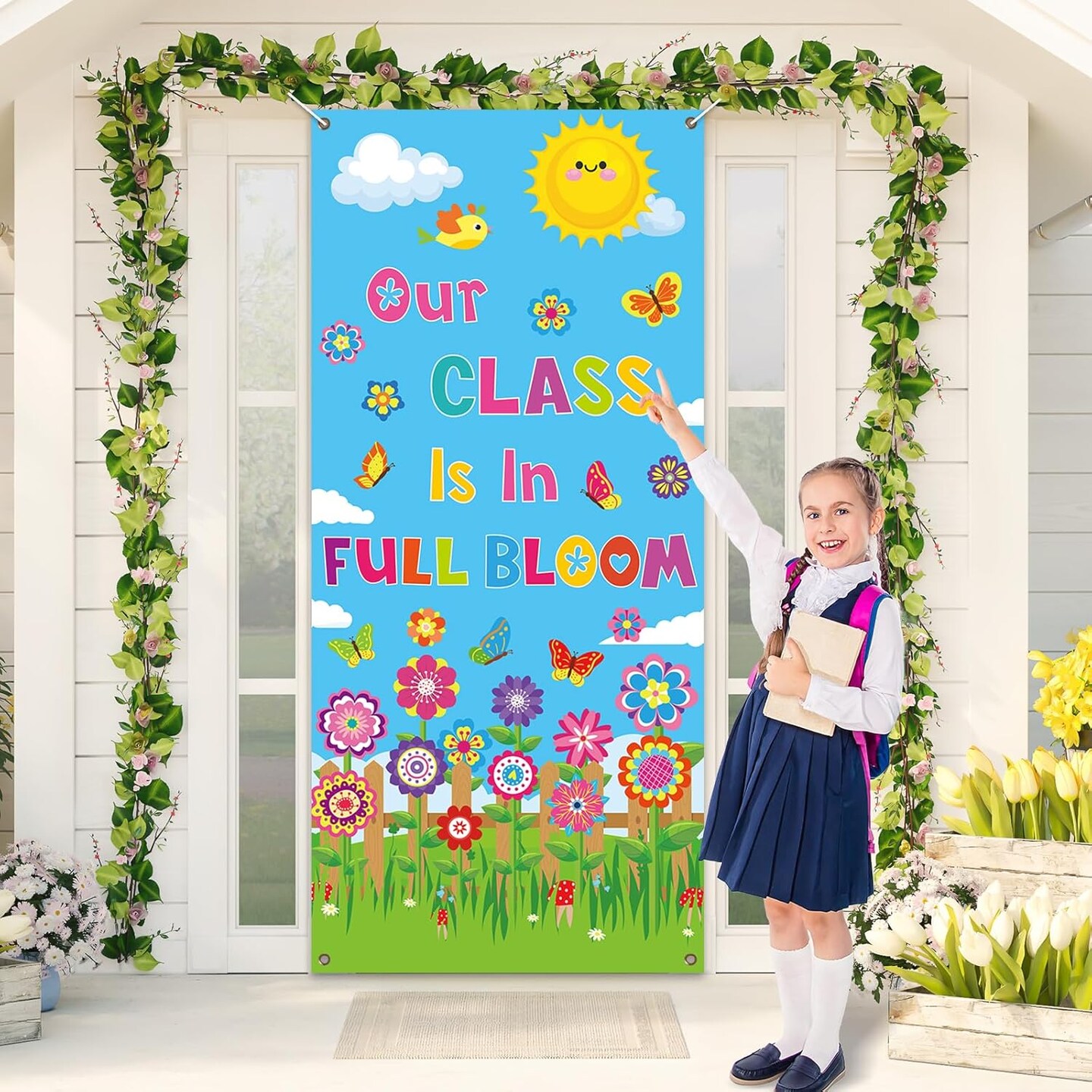 Summer Classroom Door Cover Decoration Our Class Is In Full Bloom Summer Door Banner Large Flower Porch Backdrop Sign for School Easter Door Indoor Outdoor Wall Window Decor