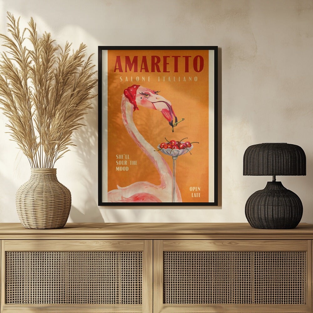 Amaretto Flamingo Art Deco Italian Cafe Travel Art - The Whiskey Ginger 24x36 Black Framed Art | Home or Office Art