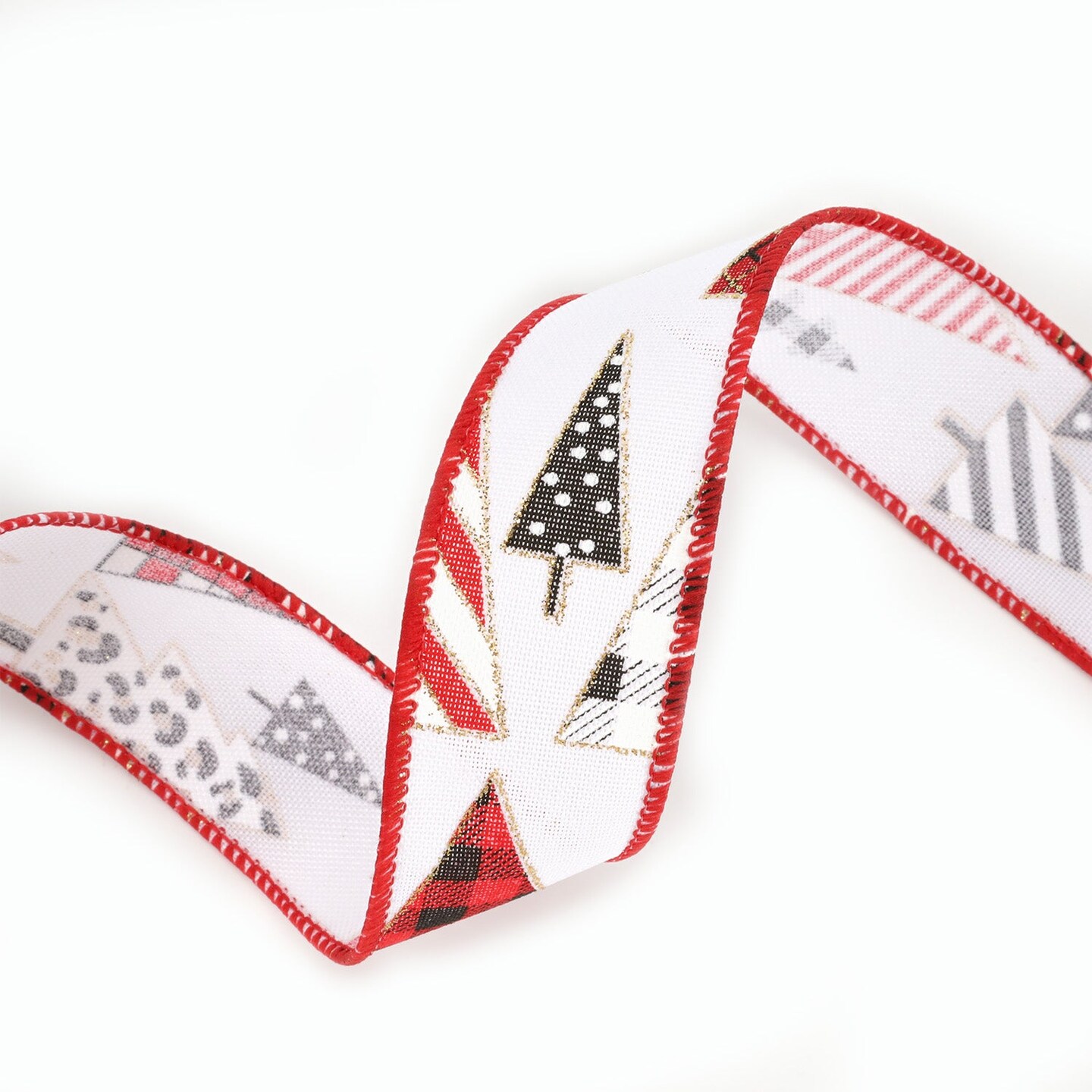 LaRibbons 1 1/2&#x22; Wired Ribbon | &#x22;Geometric Trees&#x22; White/Black/Red | 10 Yard Roll