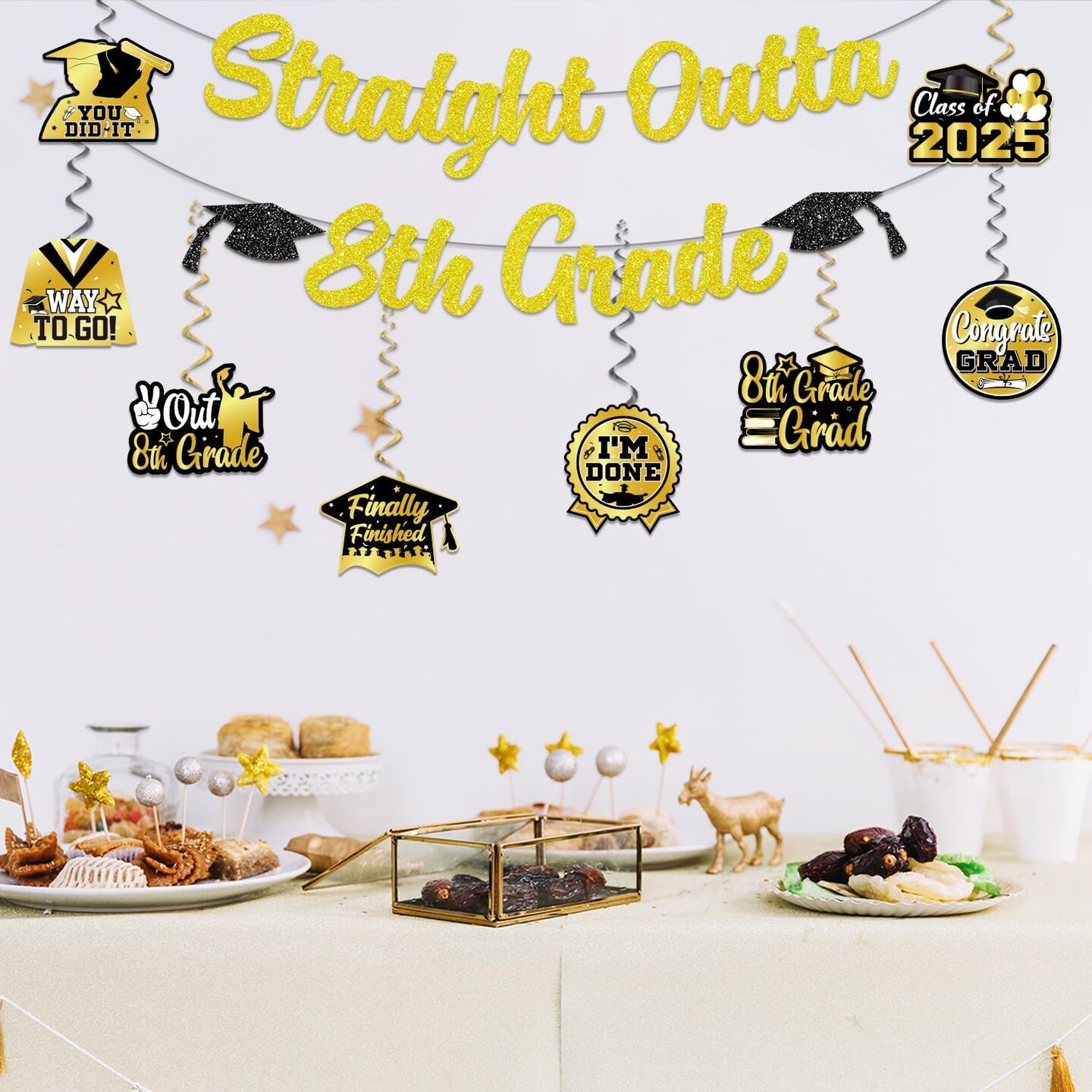 Glitter Straight Outta 8th Grade Party Decorations Banner Swirls, NO-DIY 8th Grade Graduation Decorations, Black Gold 8th Grade Graduation Banner Hanging Swirls, Middle School Graduation Decorations