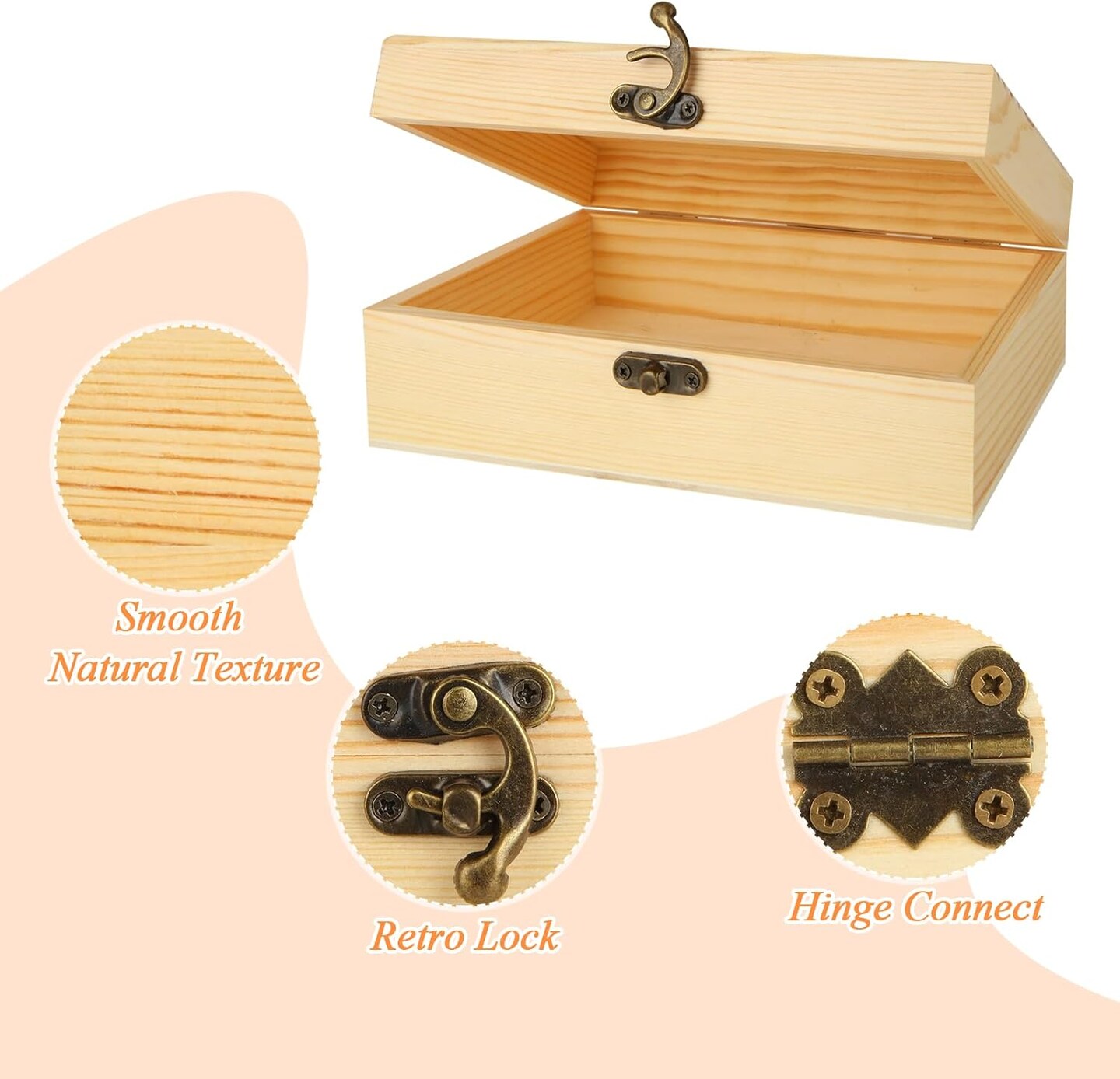 4 Pack Unfinished Wooden Box, 7x5x2 Inch Wooden Box with Hinged Lid, Small Natural Pine Wood Boxes for Crafts, DIY, Arts Hobbies and Home Storage