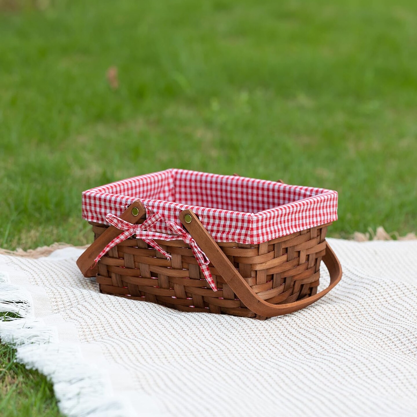 Small Rectangular Woodchip Picnic Baskets with Double Folding Handles, Natural Hand-Woven Basket Lined with Gingham Red and White Lining Great for Gifts