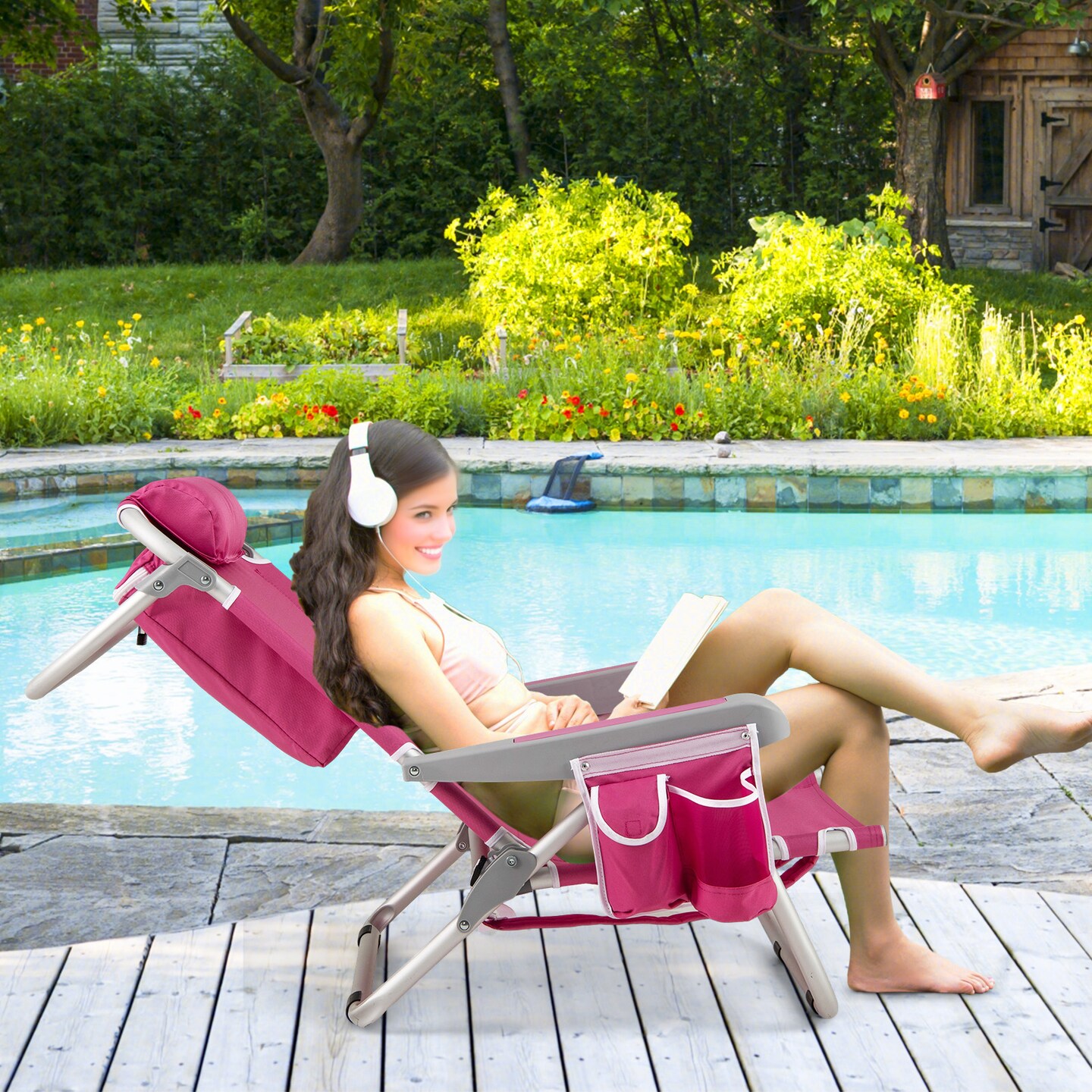 Aluminum Reclining Beach Chairs with Storage Set of 2