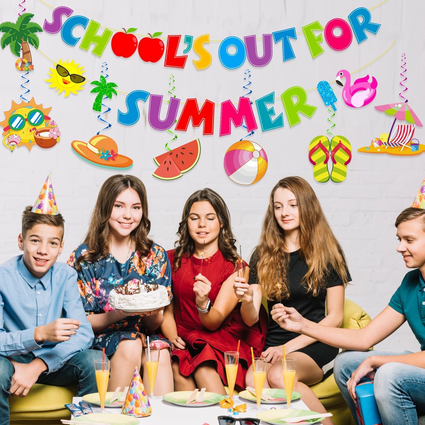 School&#x27;s Out for Summer Banner Summer Party Decorations Include Hello Summer Banner and Hanging Swirls Last Day of School Decorations Pool Party Decorations