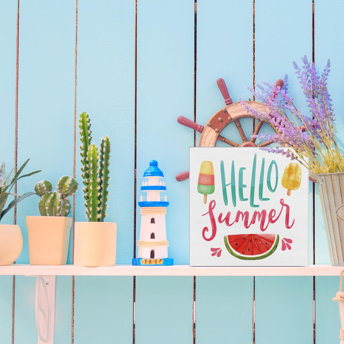Hello Summer Decor Watermelon Decorations Ice Cream Wooden Sign Rustic Home Decor 5 x 5 Inches