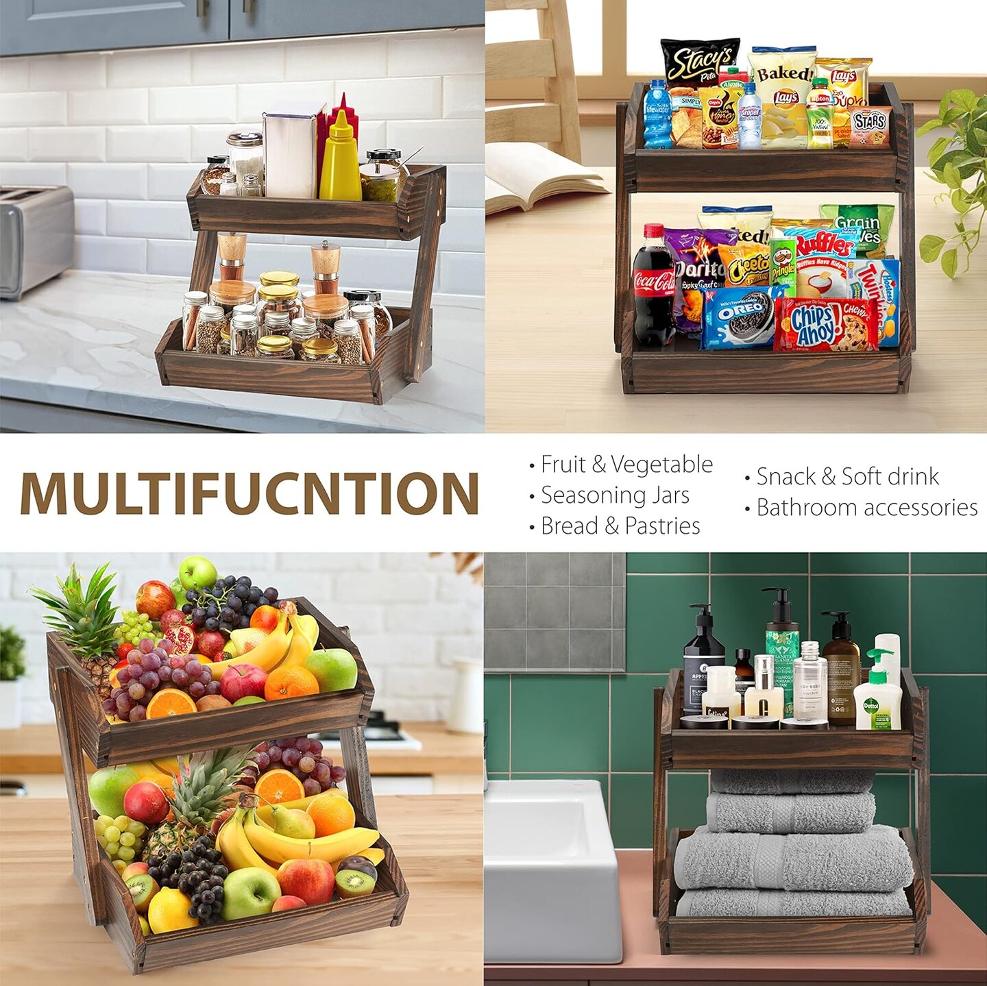Large Capacity 2-Tier Wooden Fruit Basket, Durable Acacia Wood, 10.5&#x22; Tall, Spacious for Produce, Vegetables, Bread Storage and Home Kitchen Countertop