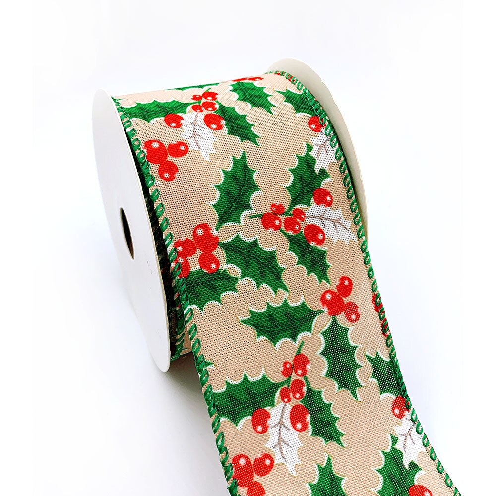 Designer&#x27;s Shop Holiday Holly Berries wired edge ribbons WR 63-5102, 2.5&#x22; x 10 yards