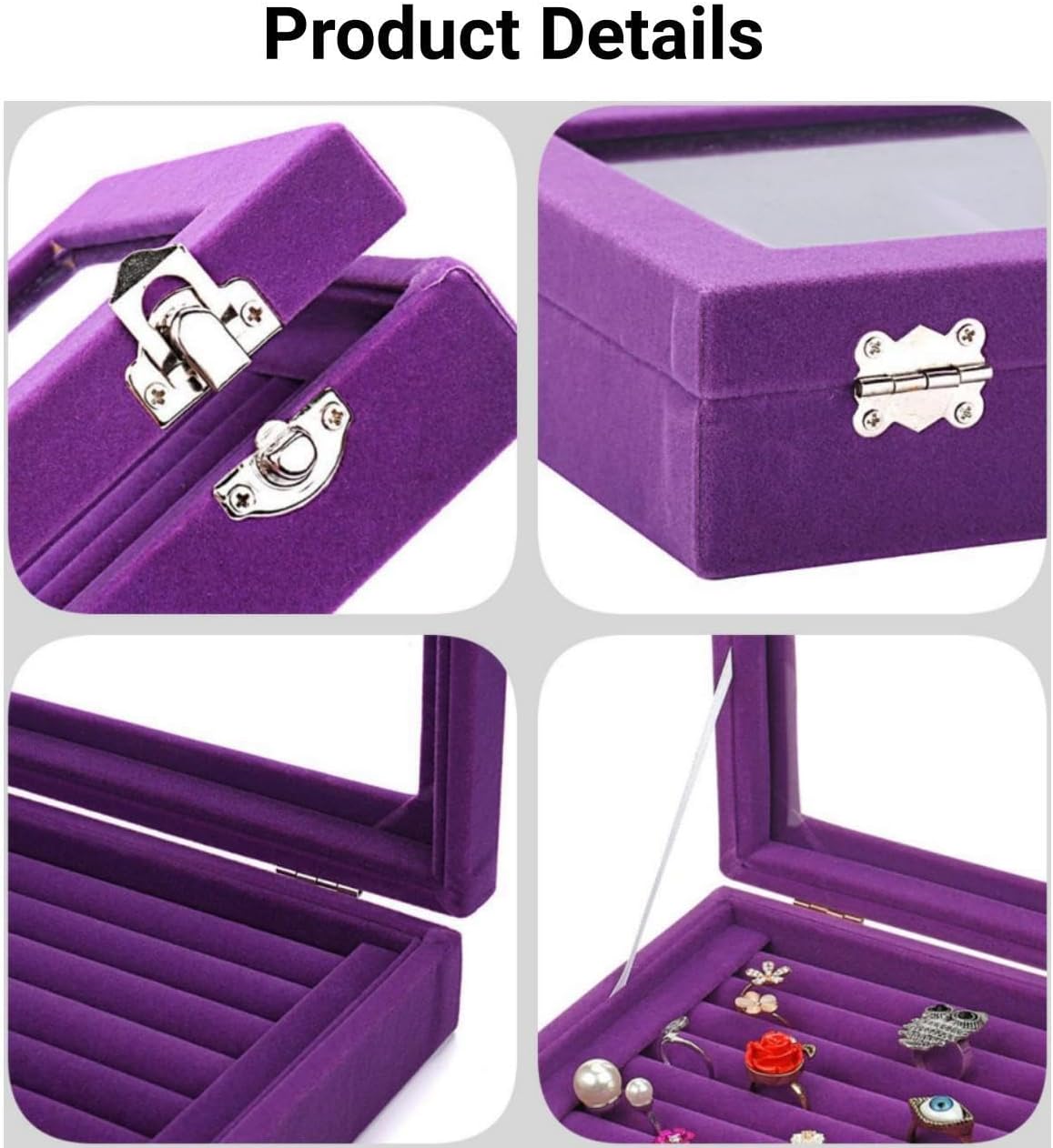 Velvet Glass Jewelry Ring Display Stand Storage Box