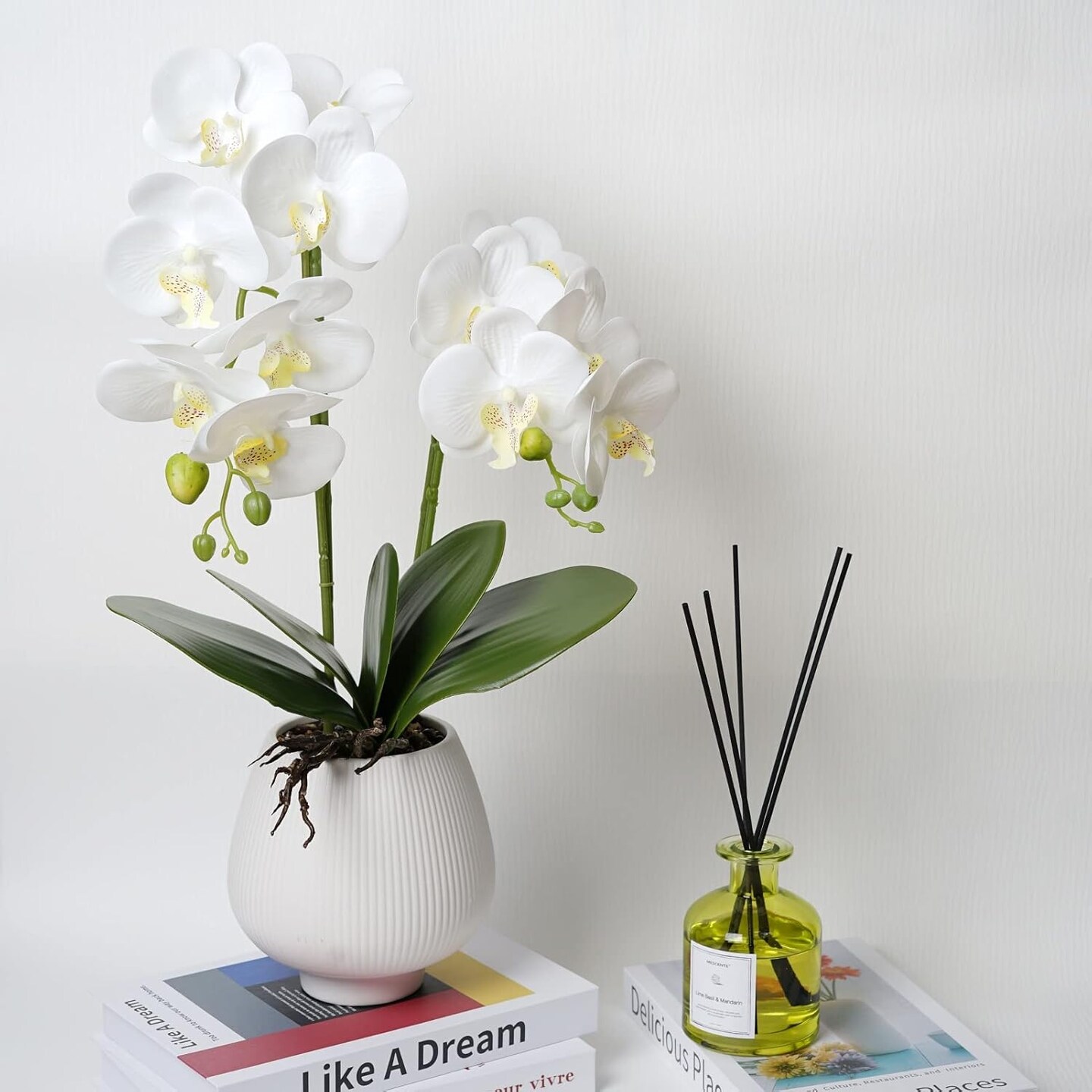 Artificial Orchids Flowers with Vase White Phalaenopsis Plant Silk Faux Orchids Fake Flowers Arrangements for Home Decoration Living Room Office Bedroom Bathroom Kitchen Dining Room