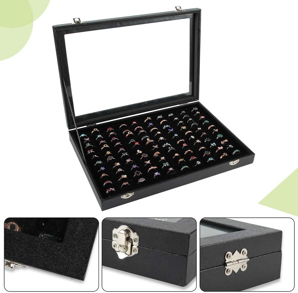 Ring Display Case Organizer Box with Transparent Lid – 100-Slot Ring Holder Showcase for Jewelry Rings, Studs, and Earrings – Black Velvet Organizer for Home and Store Display (Black)