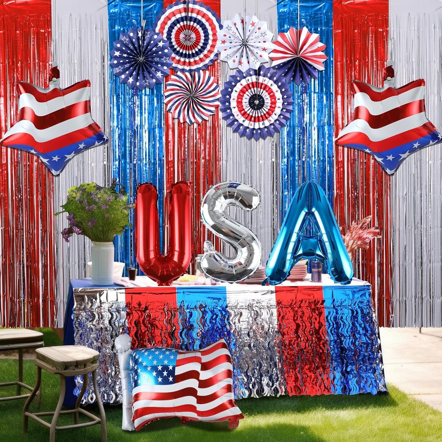 Patriotic Party Supplies Set USA Hanging Paper Fans Foil Fringe Curtains Backdrop Metallic Tinsel Table Skirt USA Flag Foil Balloon for Independence Day Party Supplies