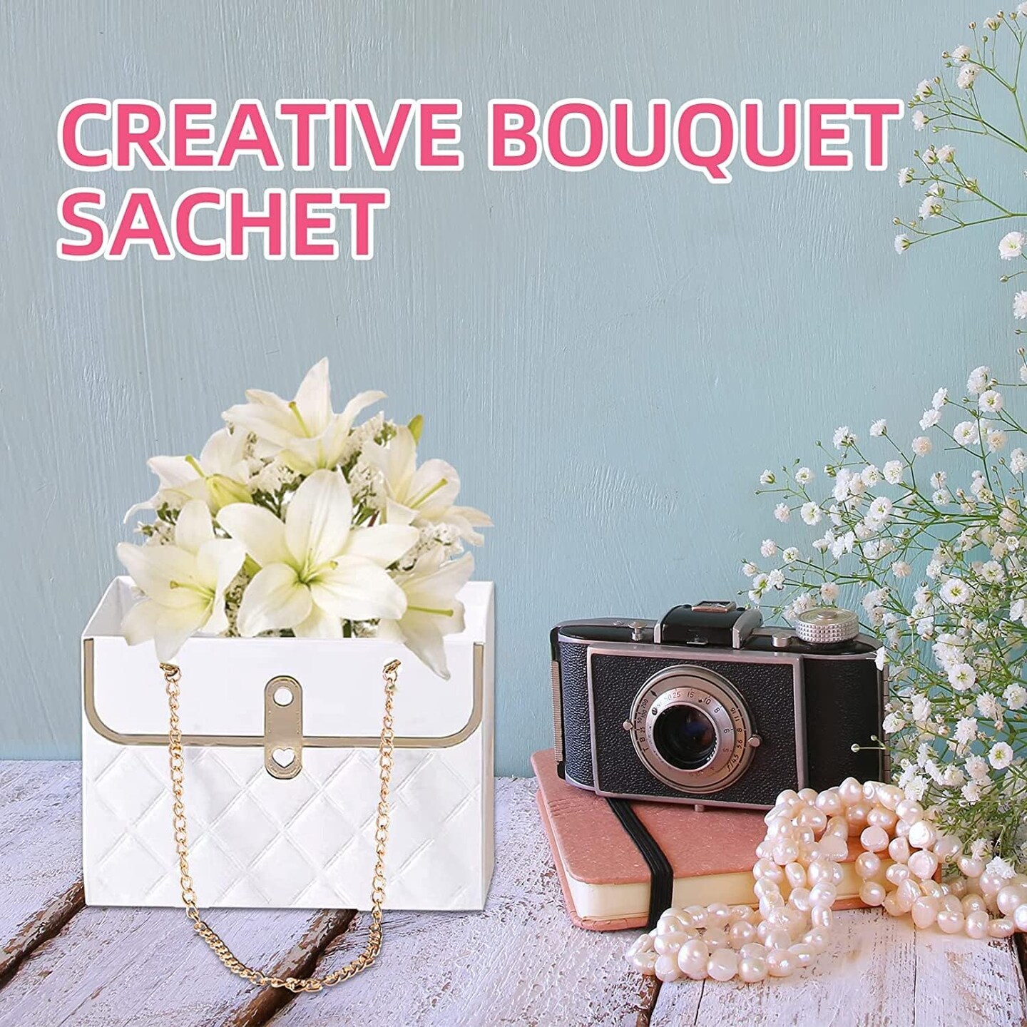4 PCS Flower Paper Gift Box, Bouquet Storage Bucket Florist Handbag with Metal Chain