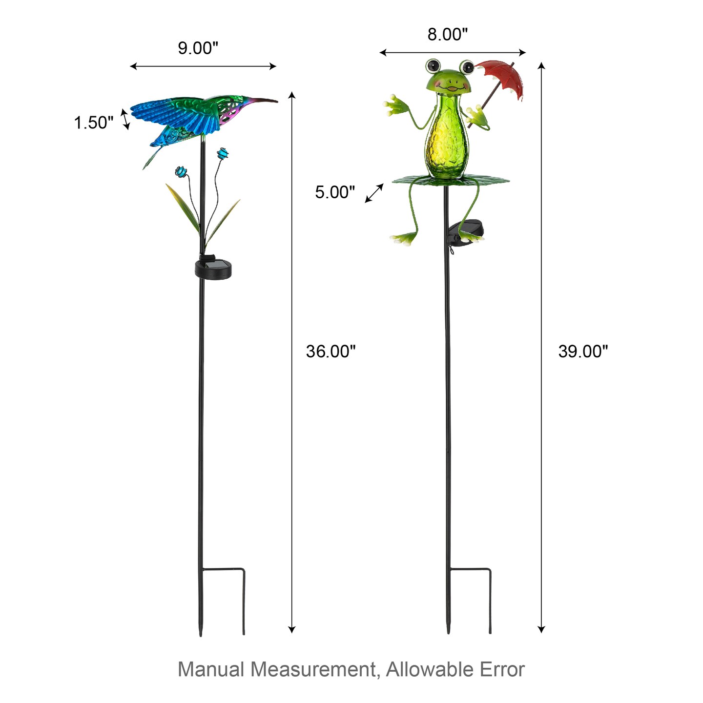 Set of 2 36&#x22;H/39&#x22;H Solar Hummingbird &#x26; Frog Yardstakes