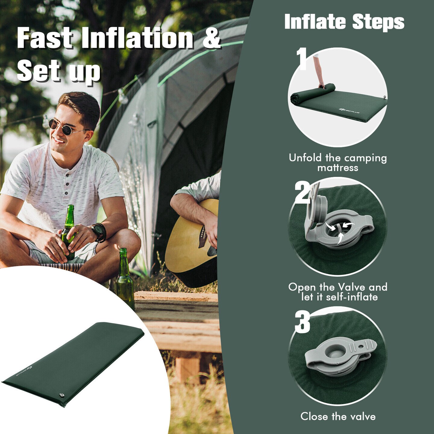 Foam Camping Mattress with Self-Inflation, Waterproof Fabric and Pillow