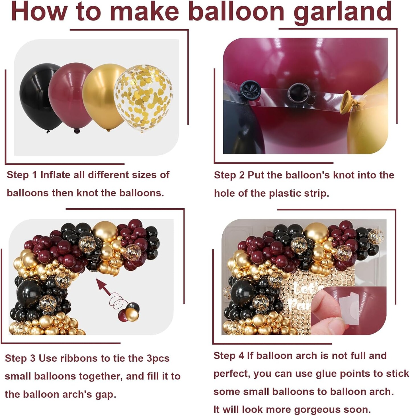 Burgundy Balloon Arch Garland Kit 164pcs Metallic Rose Gold Maroon Gold Balloons