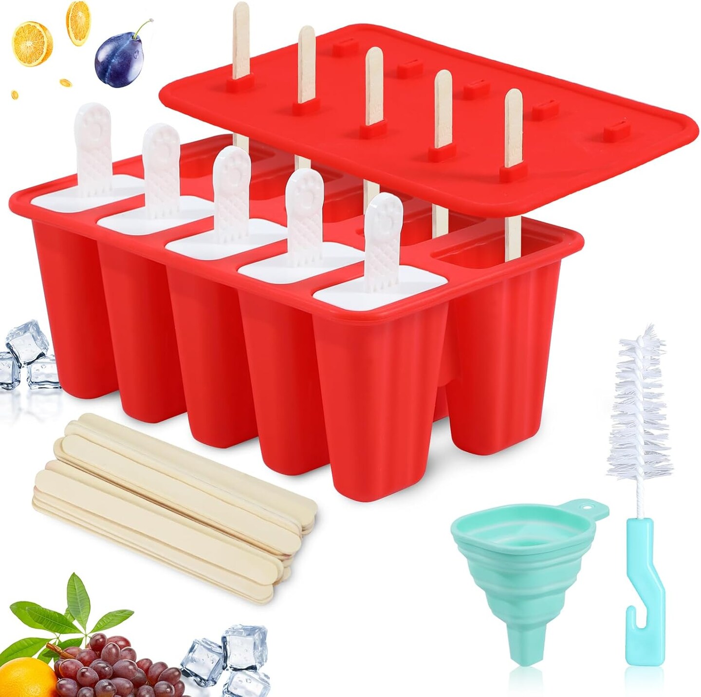 Popsicle Molds,Silicone Ice Pop Molds,BPA Free Popsicle Mold Reusable Easy Release Ice Pop Maker,Homemade Popsicle Mould with Silicone Funnel and Cleaning Brush (Red, 10 Cavities New)