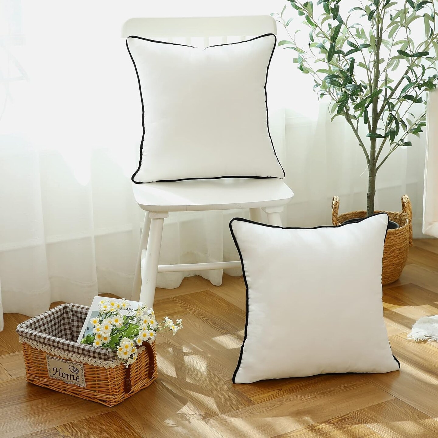 Set of 2 White Velvet Throw Pillow Covers Modern Minimalist Style Solid Decorative Black Rope Edging Soft Square Cushion Cases for Sofa Bedroom Party D&#xE9;cor, 18 x 18 inch