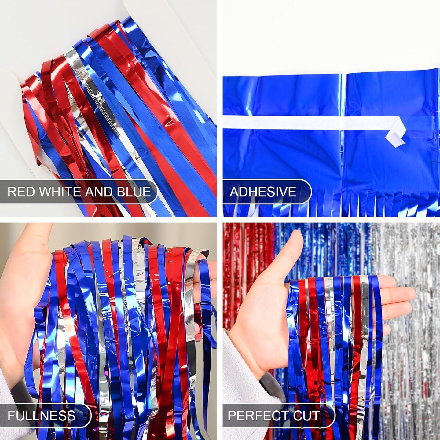 4th of July &#x26; Veterans Day Decorations, 2 Packs 3.3 x 6.6 ft Red White and Blue Foil Fringe Curtains, Tinsel Streamers for Patriotic Parties