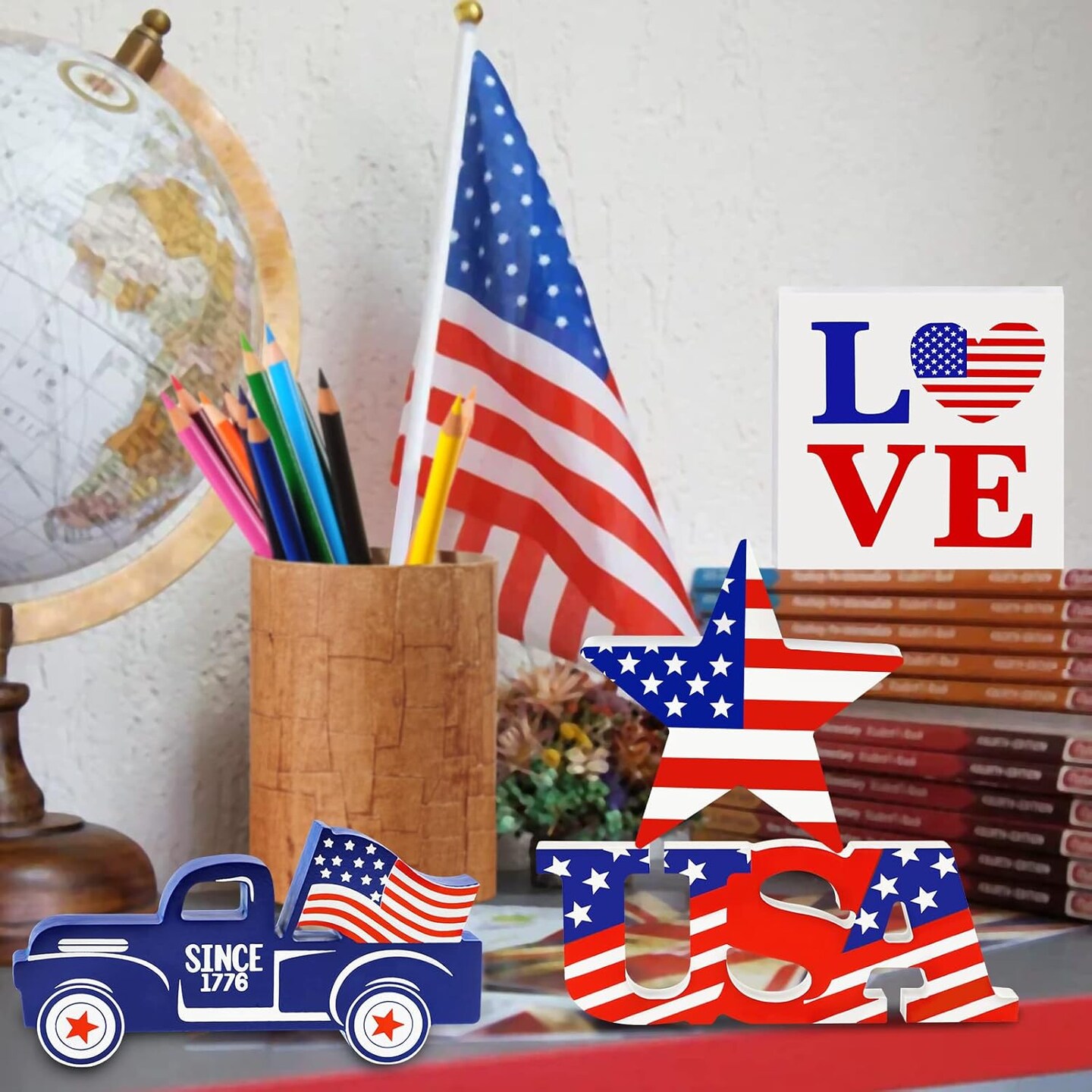 4th of July Decor Patriotic Decorations 4Pcs Wooden Star USA LOVE Car Sign Fourth of July Tabletop Decorations Memorial Day Red White and Blue Decor