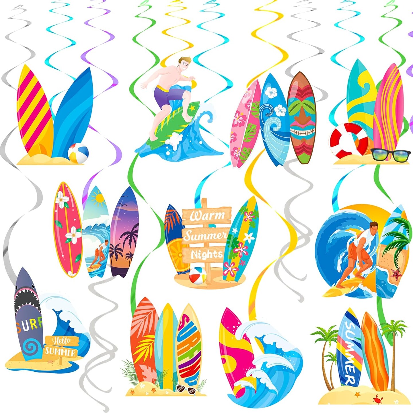 20Pcs Surfboard Theme Party Hanging Decorations Summer Surfing Party Hanging Swirls Surfing Birthday Party Spiral Ornaments for Summer Hawaii Beach Baby Shower Surfing Party Supplies