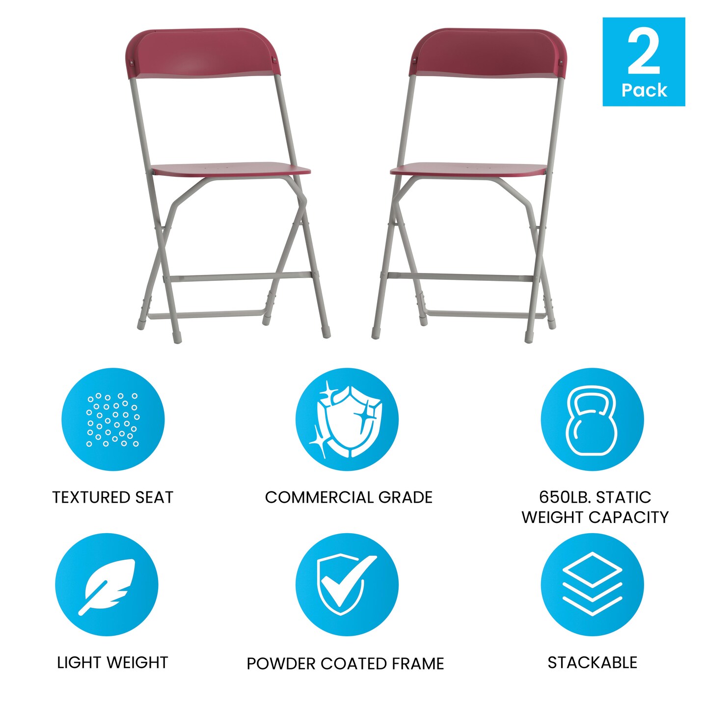 Emma and Oliver Set of 2 Stackable Folding Plastic Chairs - 650 LB Weight Capacity