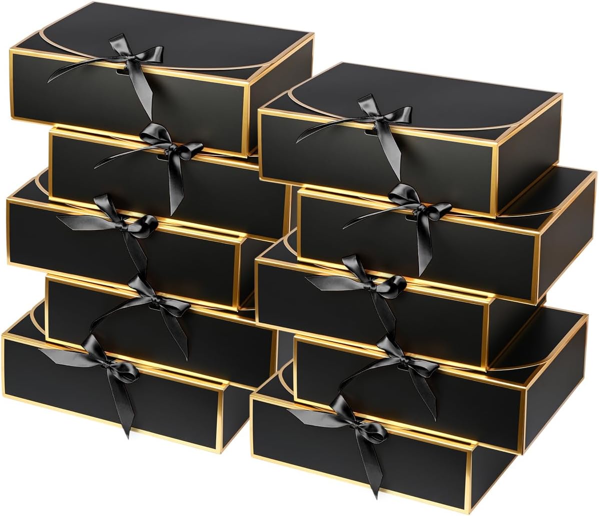 10 Pack Gold Foil Gift Boxes with Lids, Luxury Bridesmaid Proposal Box, Black Gift Boxes for Presents, Wedding, Baby Shower, Birthday Party