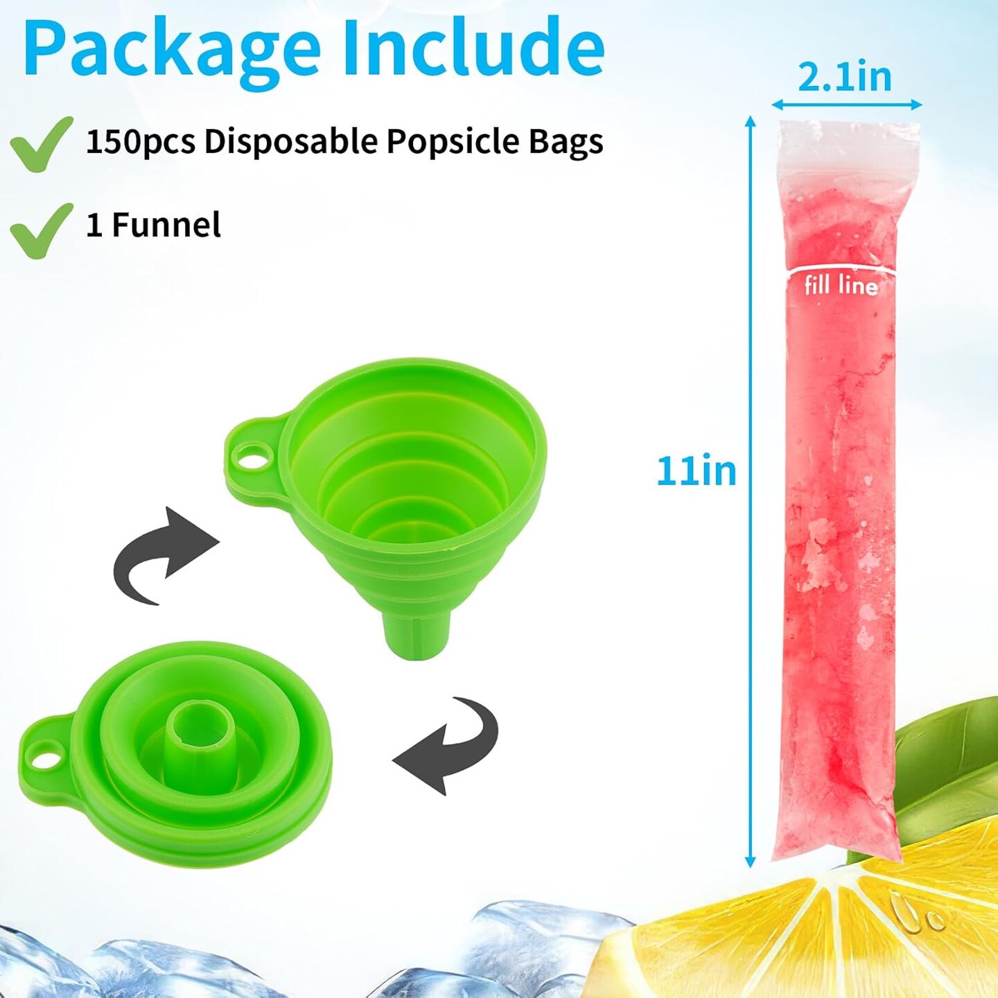 150 Disposable Popsicle Mold Bags, BPA-Free Freezer Tubes with Zip Seals and Funnel, Ideal for Ice Pops, Yogurt, Juice, Smoothies, Healthy Snacks &#xFF08;2&#x22;x11&#x22;&#xFF09;