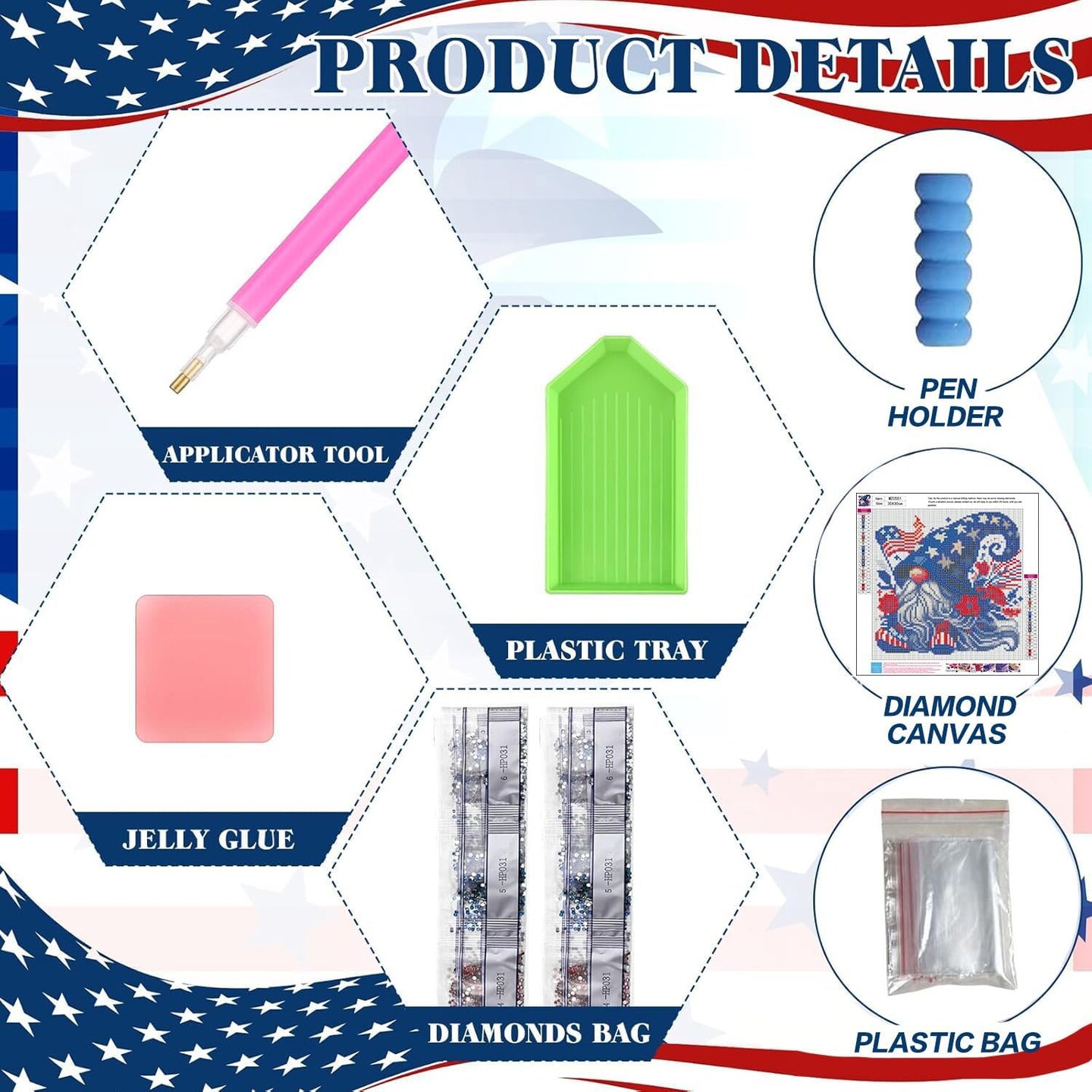 Gnome Diamond Art Kits for Adults-Round Full Drill 5D Patriotic Diamond Painting Kits for Adults Beginners Paint by Diamonds Pictures 4th of July Gem Art Painting Kits DIY Crafts Kits 12x12inch